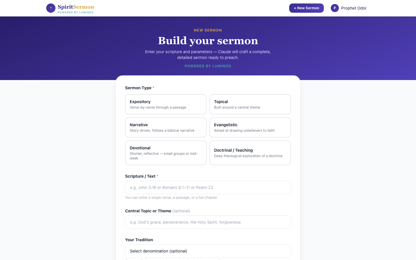SpiritSermon — build a new sermon, select type, scripture, denomination and length